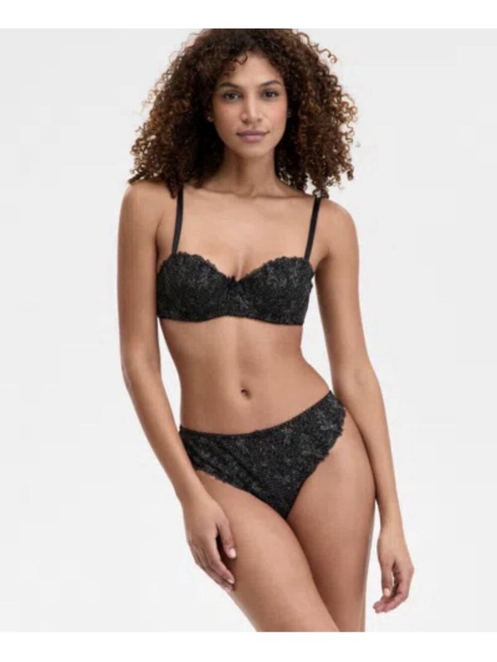 INC Women’s 2 Piece Lace Black Shimmer Balconette Bra & Thong Panty Set M $75